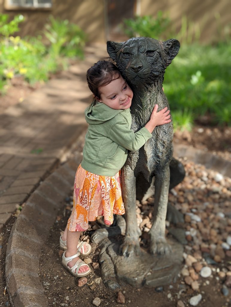 Girl hugging Cheetah statue on safari